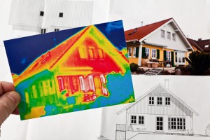 saving energy through thermal insulation. house with thermal imaging camera photographed.
